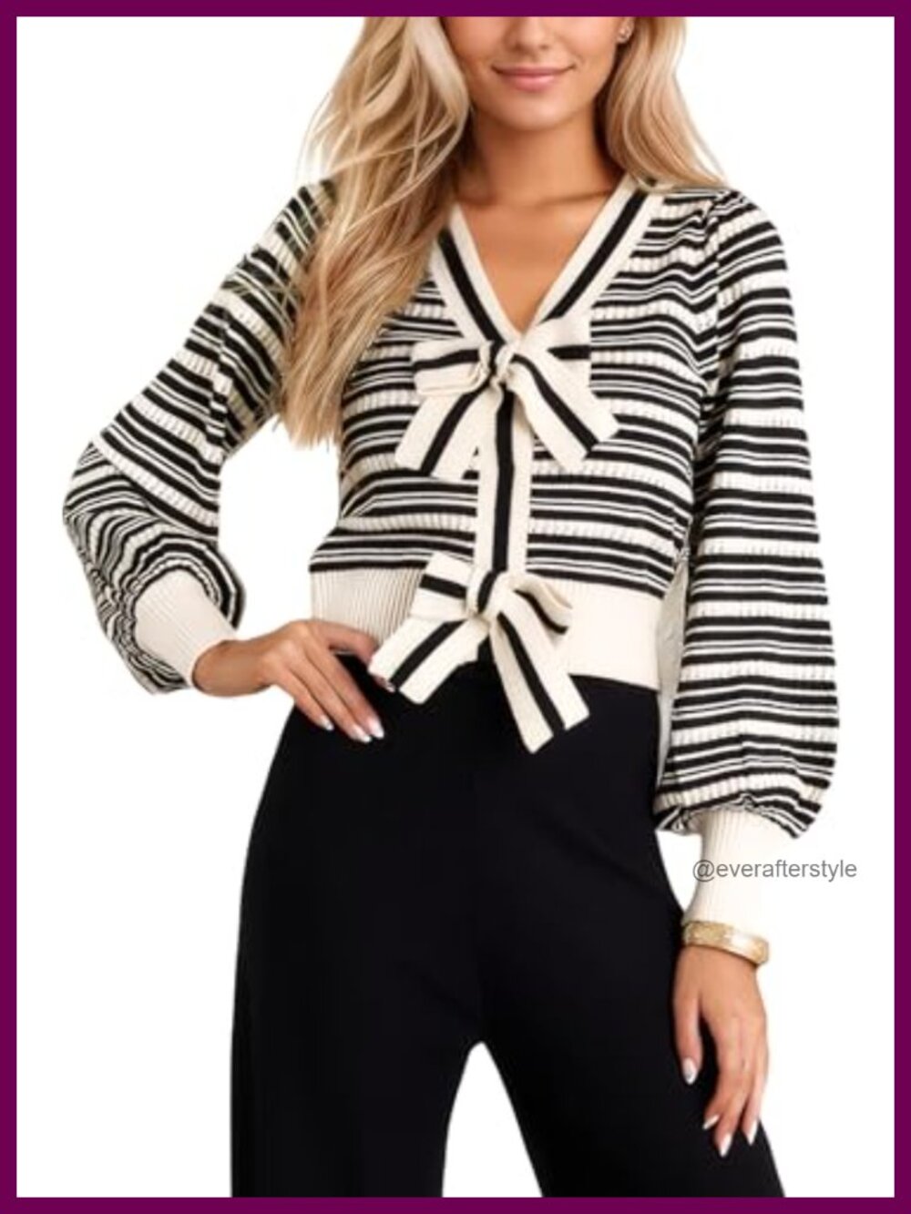 Striped Bow Knit Cardigan Long Sleeve V-Neck Snap Sweater
